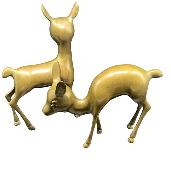 Vintage Pair Small Modernist Mid Century Brass Deer Bambi Doe Fawn 7.50” & 5” - Picture 2 of 9